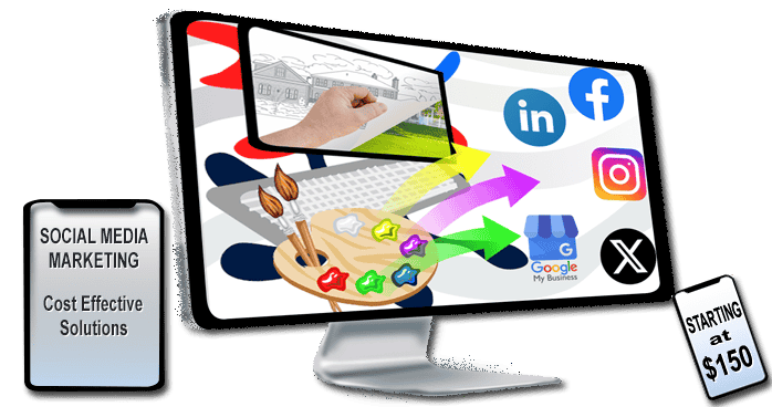 Computer Screen with Social Media Displaying Platforms with Two Devices Stating $150 per month