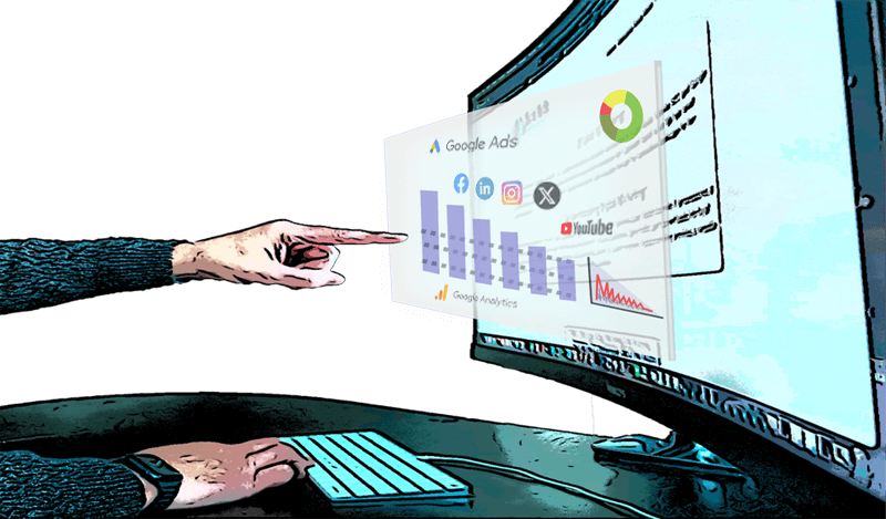 In Front of Computer Pointing at Virtual Data Screen