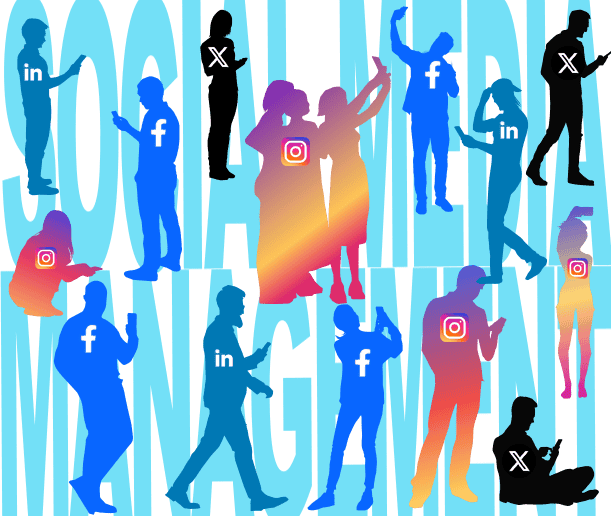 Silhouettes of People with Social Media logos Looking at Their Phone