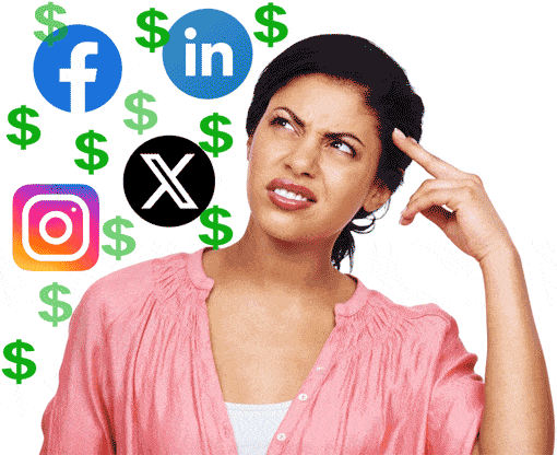 Confused Person Looking at Soical Media icons and Dollar Signs